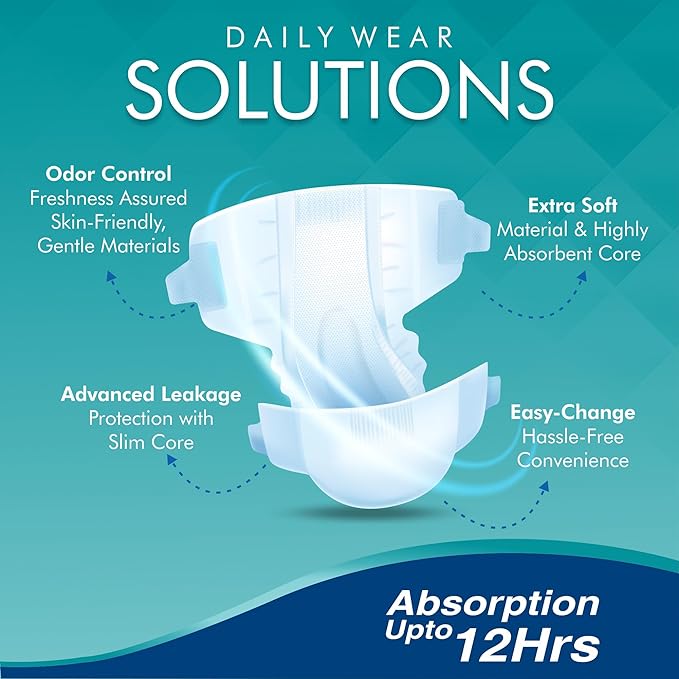 Adult Diaper Tape Style,XtraLarge, Waist 76-101cm, 12 Hrs Absorption, Unisex, Odour Control, 10 Count (Pack of 1)