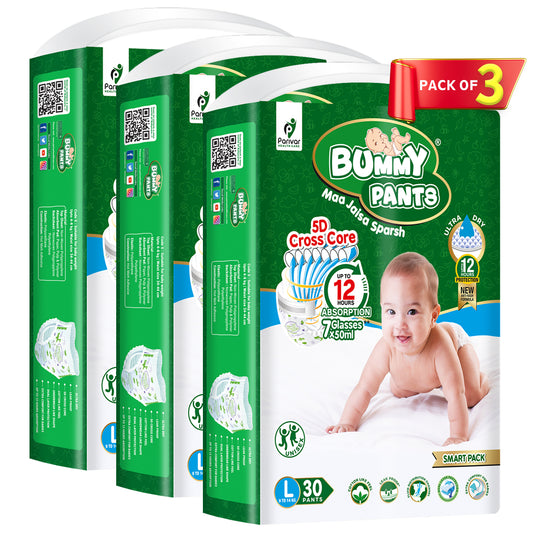 Baby Diaper in L size, 90 Count, Anti-Rash, 12Hrs Protection, 9-14kg (Pack 3)